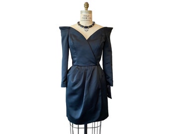 1980s victor costa dress, vintage cocktail dress, off the shoulders, 80s designer, size medium, LBD, statement, avant garde, 30 waist, vlv