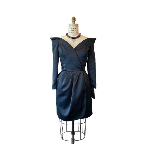 1980s victor costa dress, vintage cocktail dress, off the shoulders, 80s designer, size medium, LBD, statement, avant garde, 30 waist, vlv