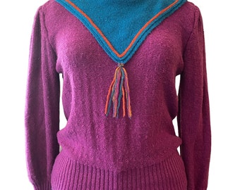 1980s sweater, purple knit top, vintage jumper, puff shoulders, bib neck, Italian designed, wool pullover, medium, preppy style