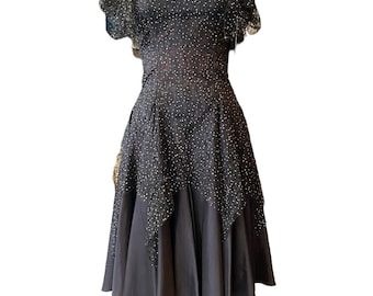 1980s prom dress, black lace, vintage 80s dress, nuance, hankie hem, stevie nicks, flutter sleeves, small, gold glitter