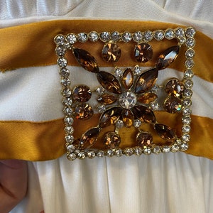 1970s maxi dress, vintage evening gown, white and gold, jeweled belt, rhinestone dress, x-small, mod hostess image 3