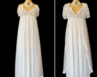 1970s peignoir set, vintage lingerie, delicates, small, white chiffon and lace, puff sleeves, honeymoon, wedding set, 1950s style