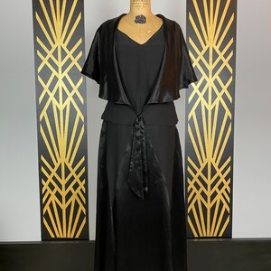 1920s 2 piece set, flapper style, dress with capelet, black rayon, anitique dress, harlequin, flutter sleeves, 1930s dress, art deco, medium image 1