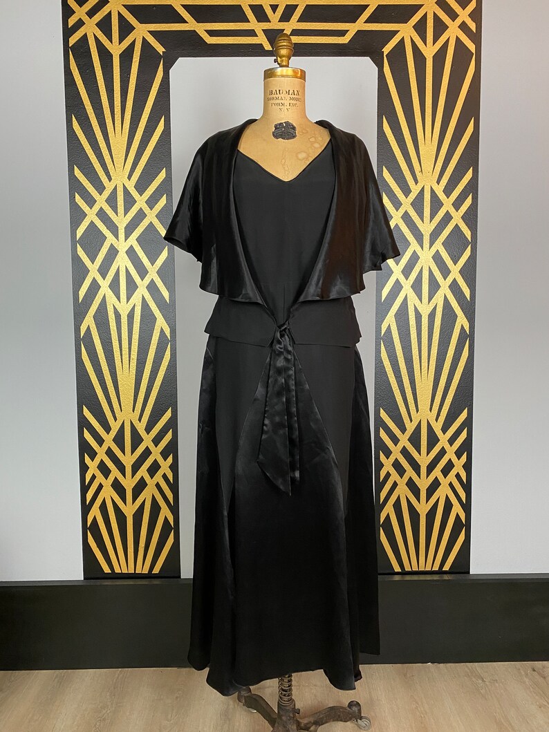 1920s 2 piece set, flapper style, dress with capelet, black rayon, anitique dress, harlequin, flutter sleeves, 1930s dress, art deco, medium image 1