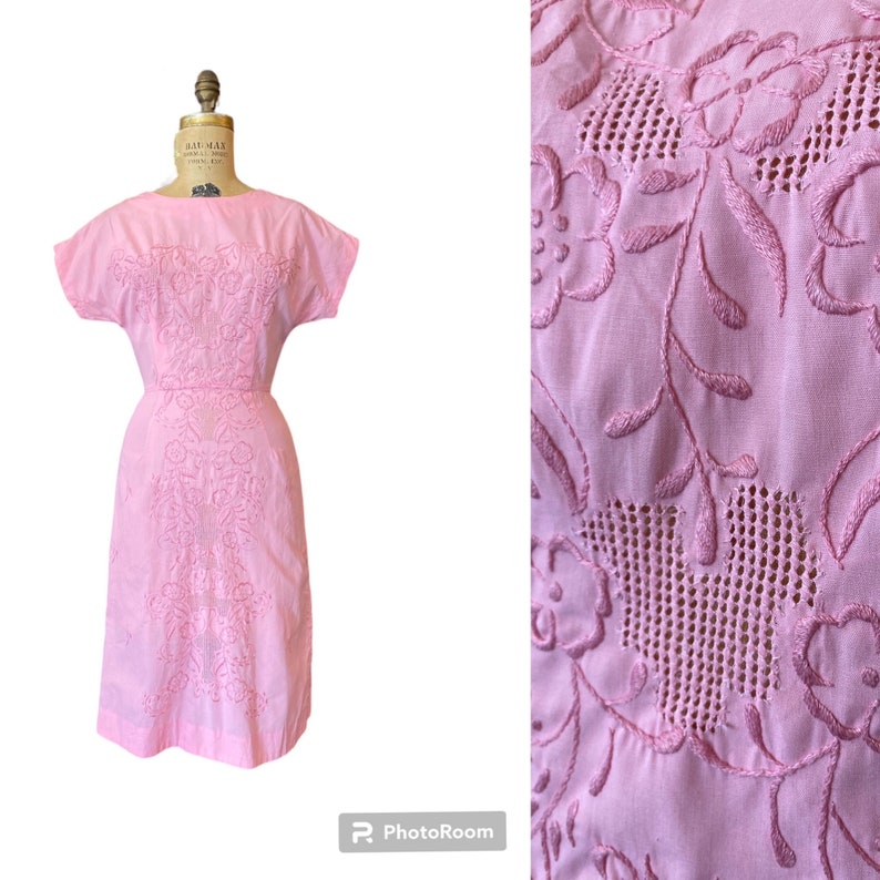 1960s sheath dress, pink cotton, vintage 60s dress, flower embroidery, mrs maisel style, x small, cap sleeves, asian style, a-line skirt image 1