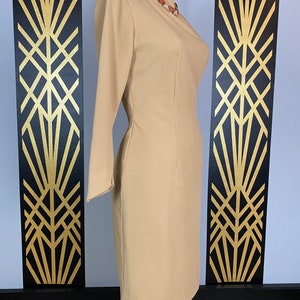 1960s wiggle dress, tan polyester, slim fit, vintage 60s dress, hourglass dress, long sleeve, size medium, simple, classic, high neck, 28 image 5