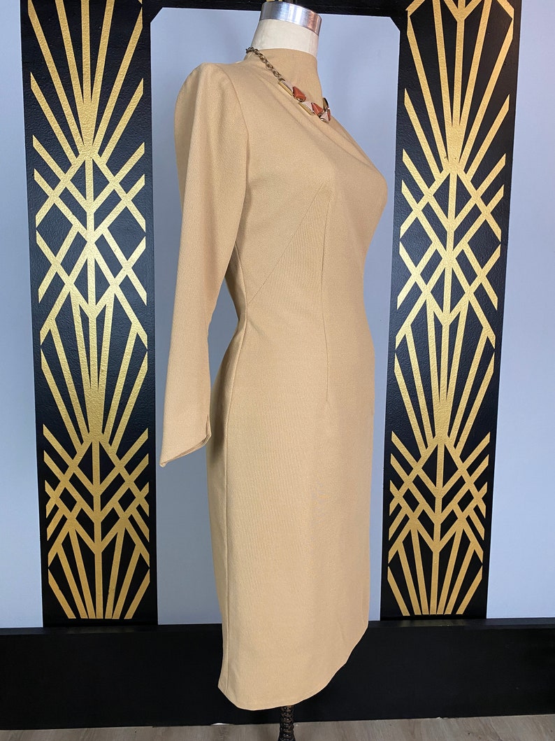 1960s wiggle dress, tan polyester, slim fit, vintage 60s dress, hourglass dress, long sleeve, size medium, simple, classic, high neck, 28 image 5