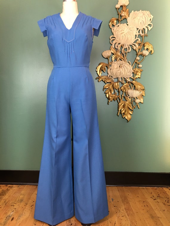 1970s jumpsuit, blue polyester, vintage jumpsuit,