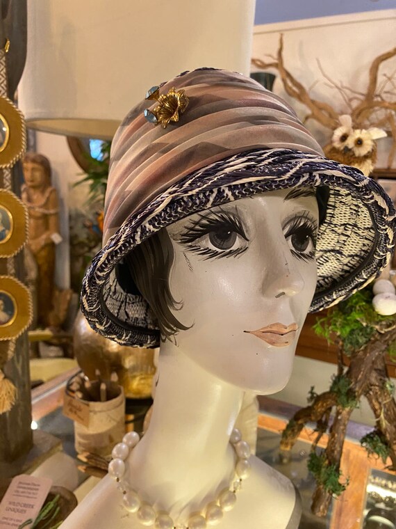 Vintage 1960s Cloche Hat Navy and White Lazarus Paris 60s 