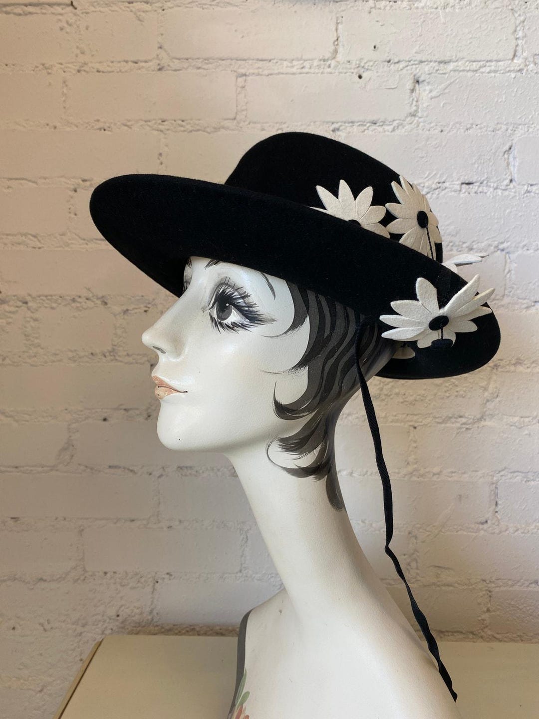 Vintage 1960s Adolfo Black Wool Wide Brim Hat With Daisies 