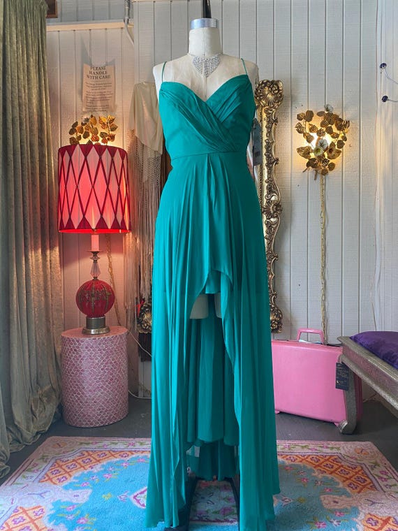 vintage y2k green silk chiffon gown, nicole miller maxi dress, high low formal m