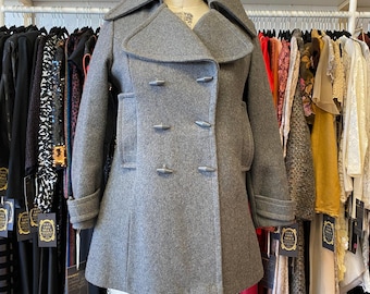 vintage 1970s gray wool double breasted pea coat, mod, med, butterfly collar