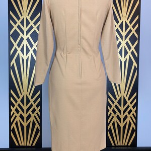 1960s wiggle dress, tan polyester, slim fit, vintage 60s dress, hourglass dress, long sleeve, size medium, simple, classic, high neck, 28 image 8