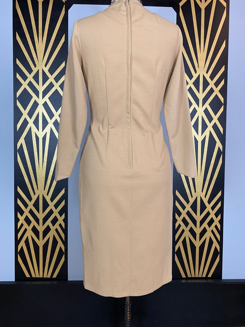 1960s wiggle dress, tan polyester, slim fit, vintage 60s dress, hourglass dress, long sleeve, size medium, simple, classic, high neck, 28 image 8