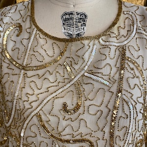 1980s beaded blouse, scala, vintage formal top, cocktail attire, white and gold, scalloped, sequin top, silk chiffon, xxx l, plus size, nye image 3