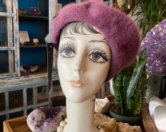 1980s purple angora beret, kangol, vintage hat, fuzzy wool, 80s millinery