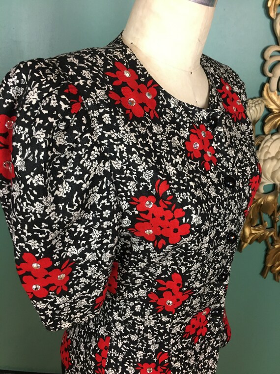 1980s linen blouse, black floral blouse, rhinesto… - image 7