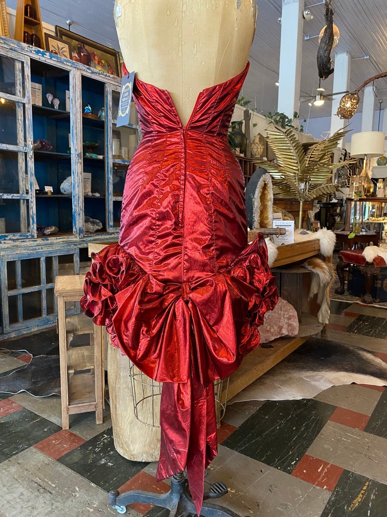 1980s prom dress, red metallic lame', vintage 80s dress, ruched bows, mike benet, strapless cocktail dress, x-small image 8