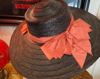 Vintage 1940s Wide Brim Hat Black Straw and Lace Open Crown  display picture 3