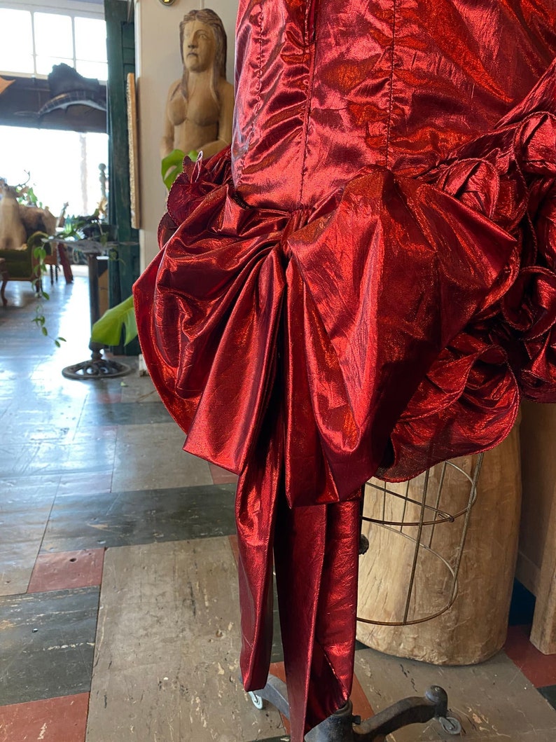 1980s prom dress, red metallic lame', vintage 80s dress, ruched bows, mike benet, strapless cocktail dress, x-small image 9