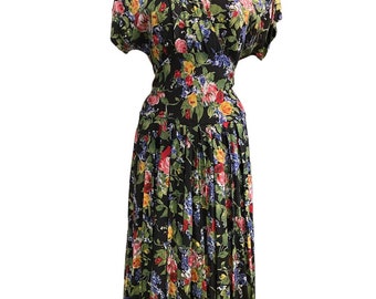 1980s midi dress, black floral rayon, 80s does 40s, size medium, wrap bust, full skirt, dolman sleeves, 1940s style, scarlett