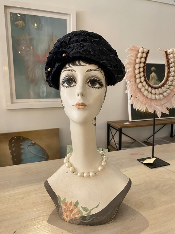 Vintage 1940s navy blue straw hat, 40s millinery … - image 2
