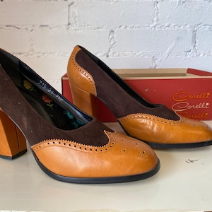 vintage 1970s deadstock high heel spectator shoes camel leather brown suede 7