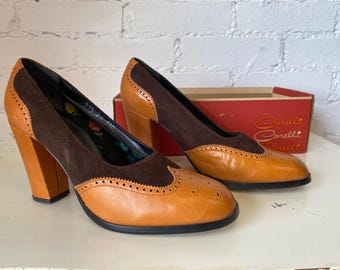vintage 1970s deadstock high heel spectator shoes camel leather brown suede 7