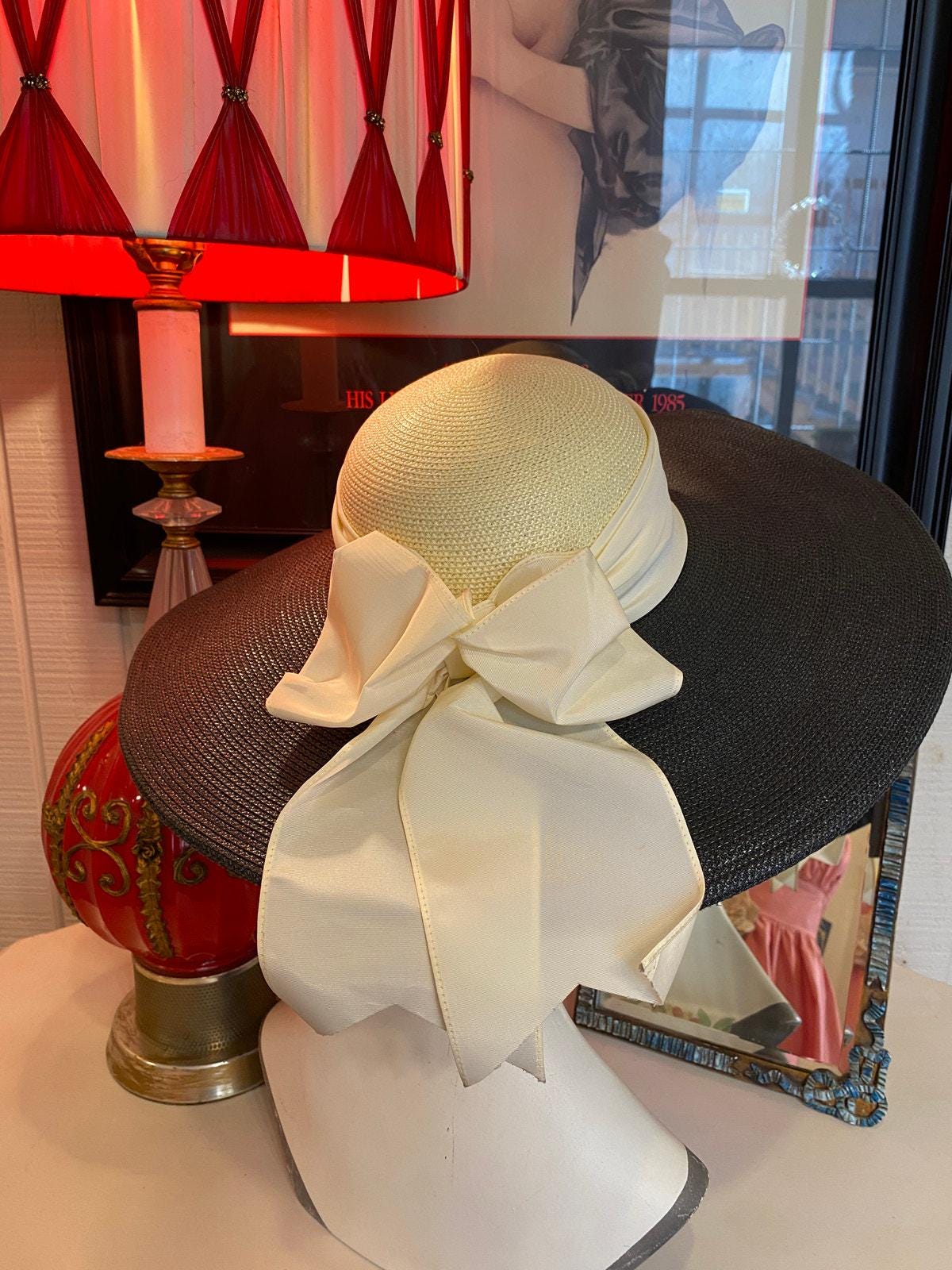 Vintage 1980s Wide Brim Hat Cream and Black Satin Bow 