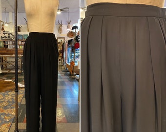 1980s high waist pants, Anne Klein, vintage trousers, black silk, pleated pants, dress pants, 27 waist, sheer chiffon, classic, minimalist