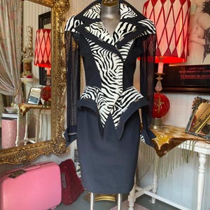vintage 1980s zebra print peplum suit by IIF 80s 2 piece jacket skirt fran small