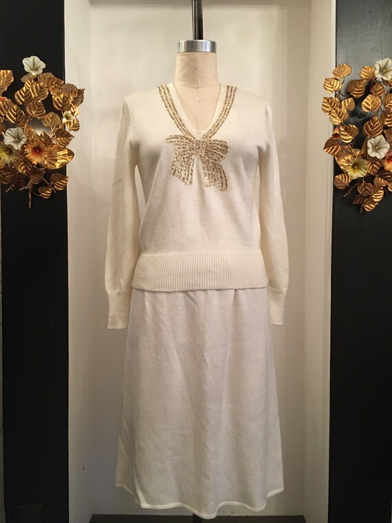 1980s sweater set, ivory knit set, vintage 80s ski