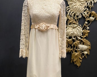 1960s empire waist dress, cream lace, vintage 60s dress, rosette, ruffled, sheer sleeves, mod wedding, size small, 32 bust, formal, cocktail