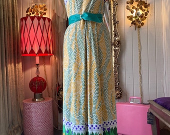 Vestido largo vintage de los años 70: estampado floral estilo mod, Elverhoj Couture, talla mediana.