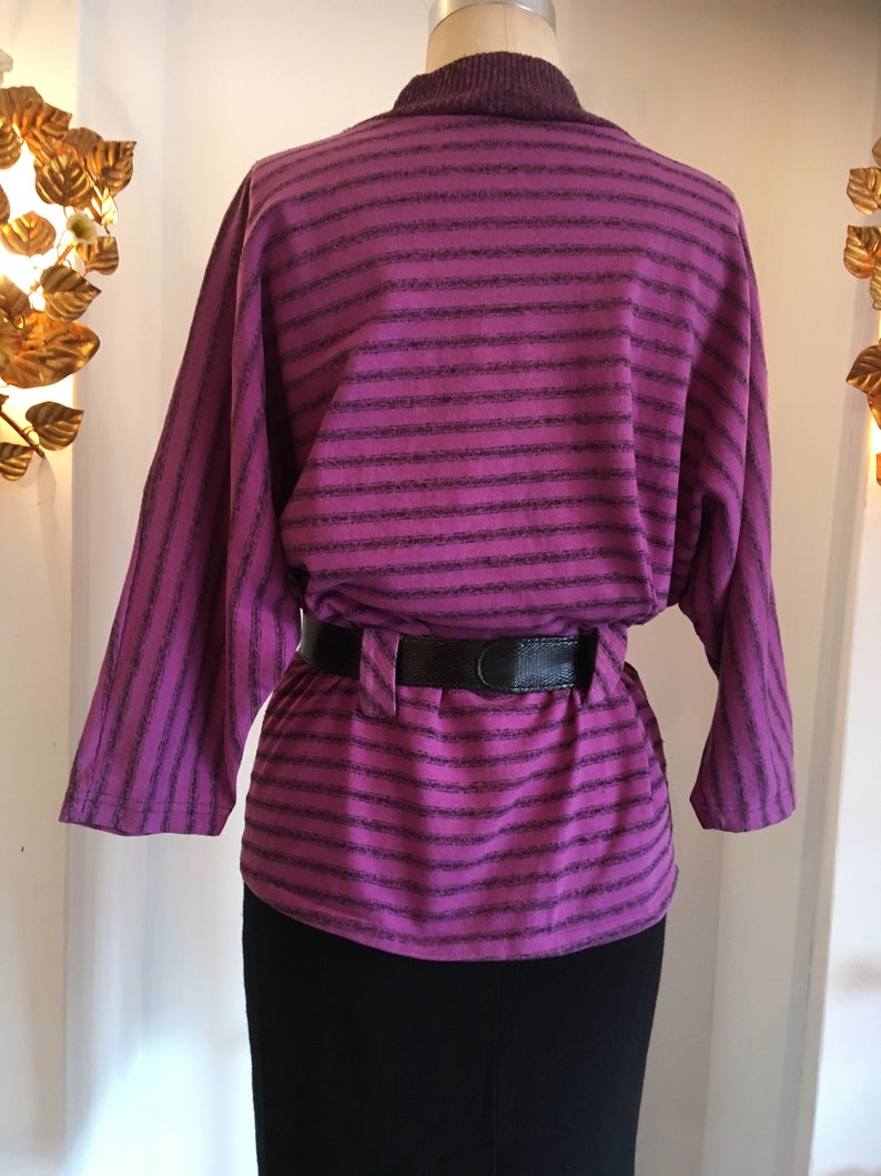 dolman sleeves vintage 80s top size medium 1980s purple top black and purple striped belted top mockneck 1980s long sleeve t shirt