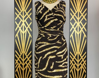 zebra print dress, ralph Lauren,  wiggle dress, early 2000s, ruched, wrap style, brown and green, animal print, medium, sleeveless sheath, 8