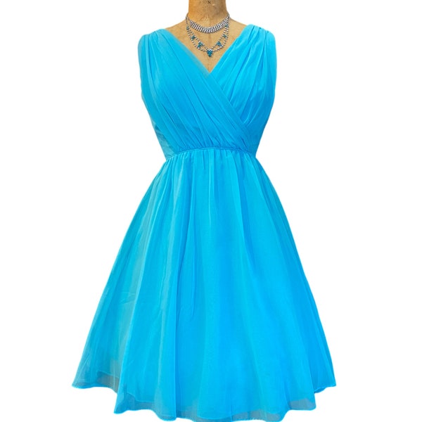 1960s party dress, aqua chiffon, vintage 60s dress, jack Bryan, full skirt, sleeveless, 60s formal, mrs maisel, 26 waist, small, bridal