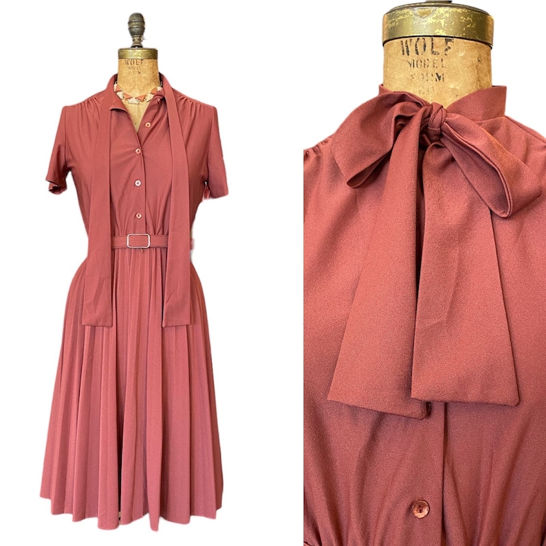 1970s dress, rust polyester, vintage dress, ascot tie neck, pleated full skirt, lady carol. size small, secretary image 1