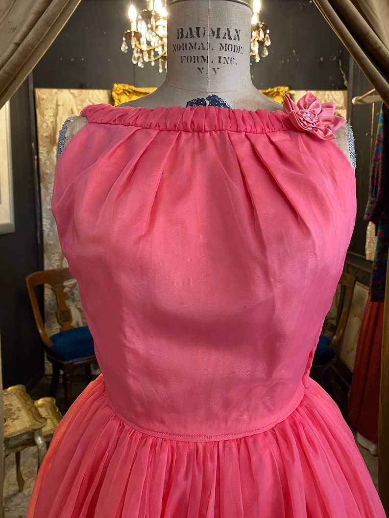 1950s party dress, hot pink chiffon, fit and flare, vintage prom dress, mrs maisel, x small, full skirt, rockabilly, 25 26 waist, 50s formal 画像 2