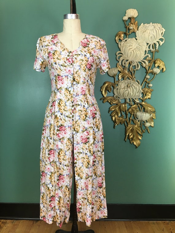 1980s jumpsuit, white floral jumpsuit, vintage 80s