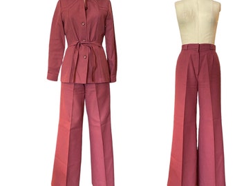 RESERVED 1970s polyester pantsuit, 3 piece set, vintage panther suit, high wiast pants, belted jacket, a-line skirt