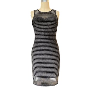 1990s bandage dress, sheer black and silver striped, guess label, vintage 90s dress, y2k, early 200s fashion, body con, sleeveless sheath,