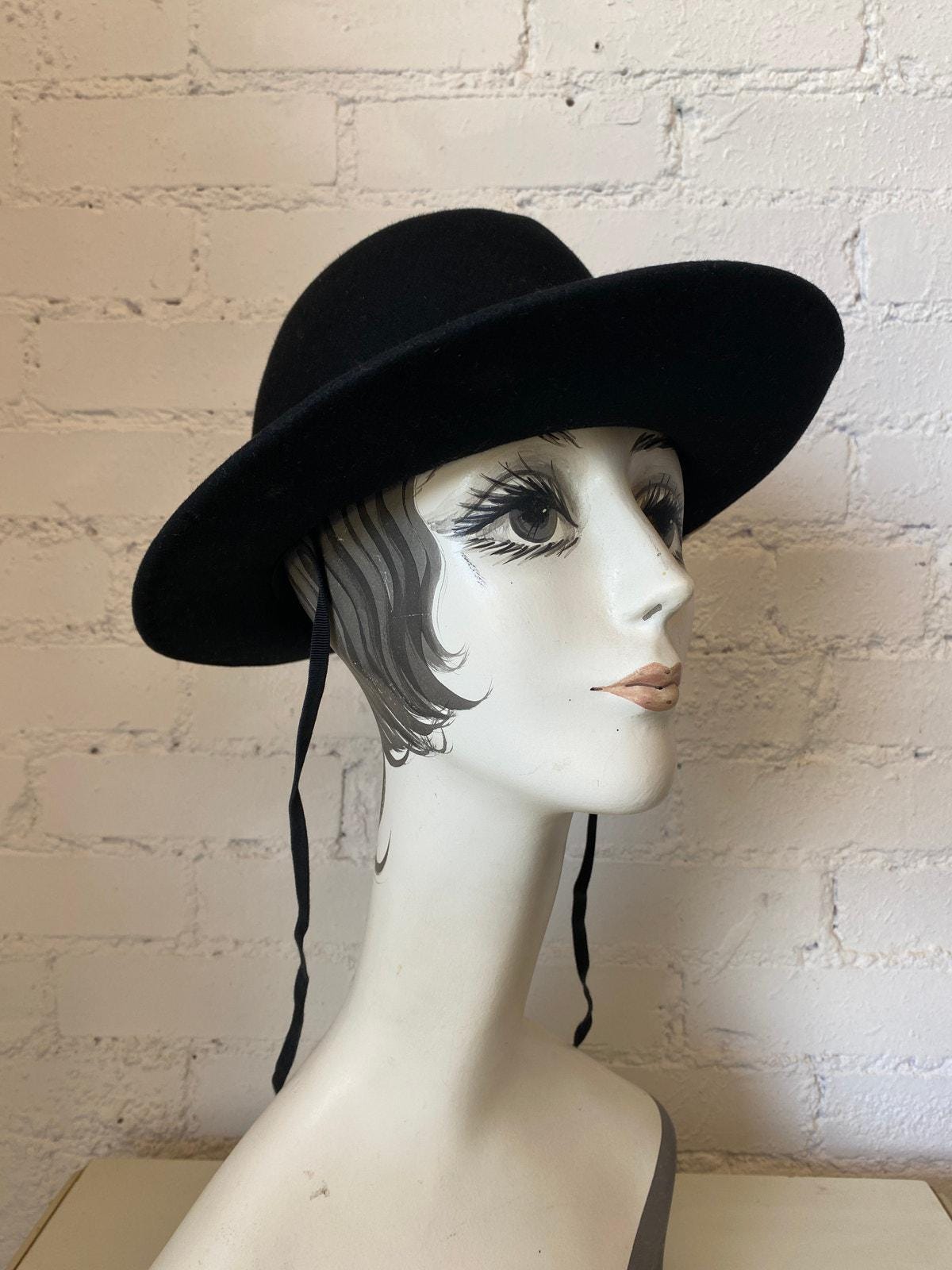 Vintage 1960s Adolfo Black Wool Wide Brim Hat With Daisies  display picture 2