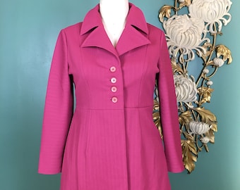 Veste des années 1970, blazer en polyester, veste vintage des années 70, taille empire, taille moyenne, col papillon, veste mod, rose foncé, style rétro, buste 34