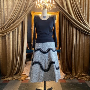 1950s wool skirt, black and gray, swirled ribbon, vintage 50s skirt, mrs maisel style, x-small, 25 waist, slightly full, high waist, sequin image 10