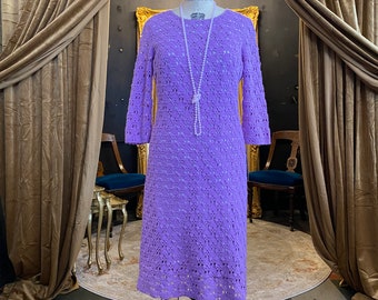 1960s shift dress, lavender knit, vintage 60s dress, crochet dress, size large, mod dress, 3/4 length sleeves, biba style, 38 bust