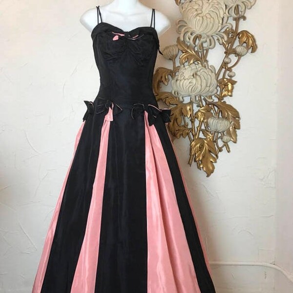 1940s gown pink and black dress party dress 1940s dress size small vintage dress striped dress 32 bust formal gown spaghetti strap dress