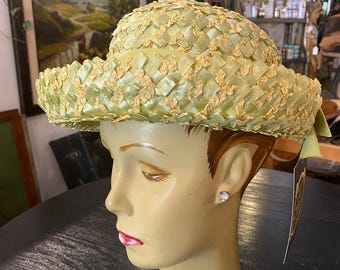 1950年代のヴィンテージ淡い緑の麦わら帽子、50年代の帽子、夏用帽子