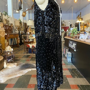 1920s sequin dress, black velvet, vintage flapper dress, size large, peaky blinders, sleeveless shift, 38 image 4