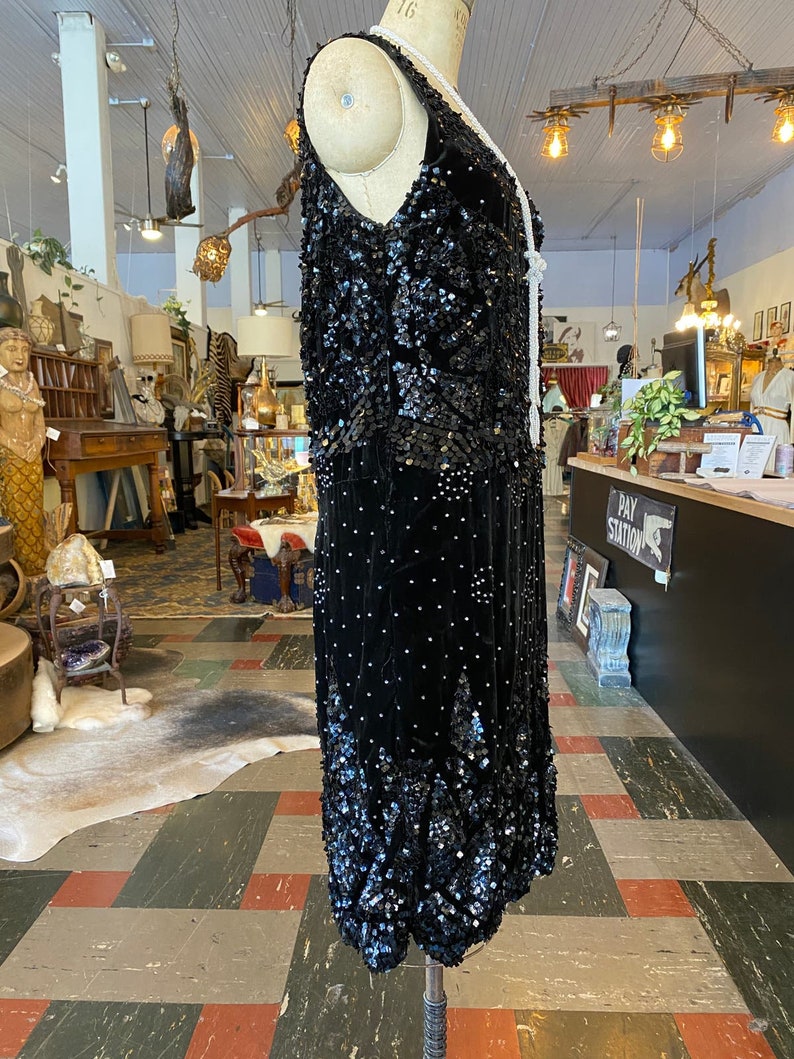 1920s sequin dress, black velvet, vintage flapper dress, size large, peaky blinders, sleeveless shift, 38 image 4